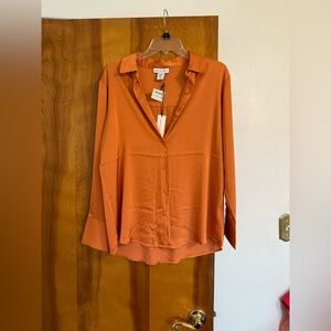 NWT Women's Button-Front Orange Satin Blouse